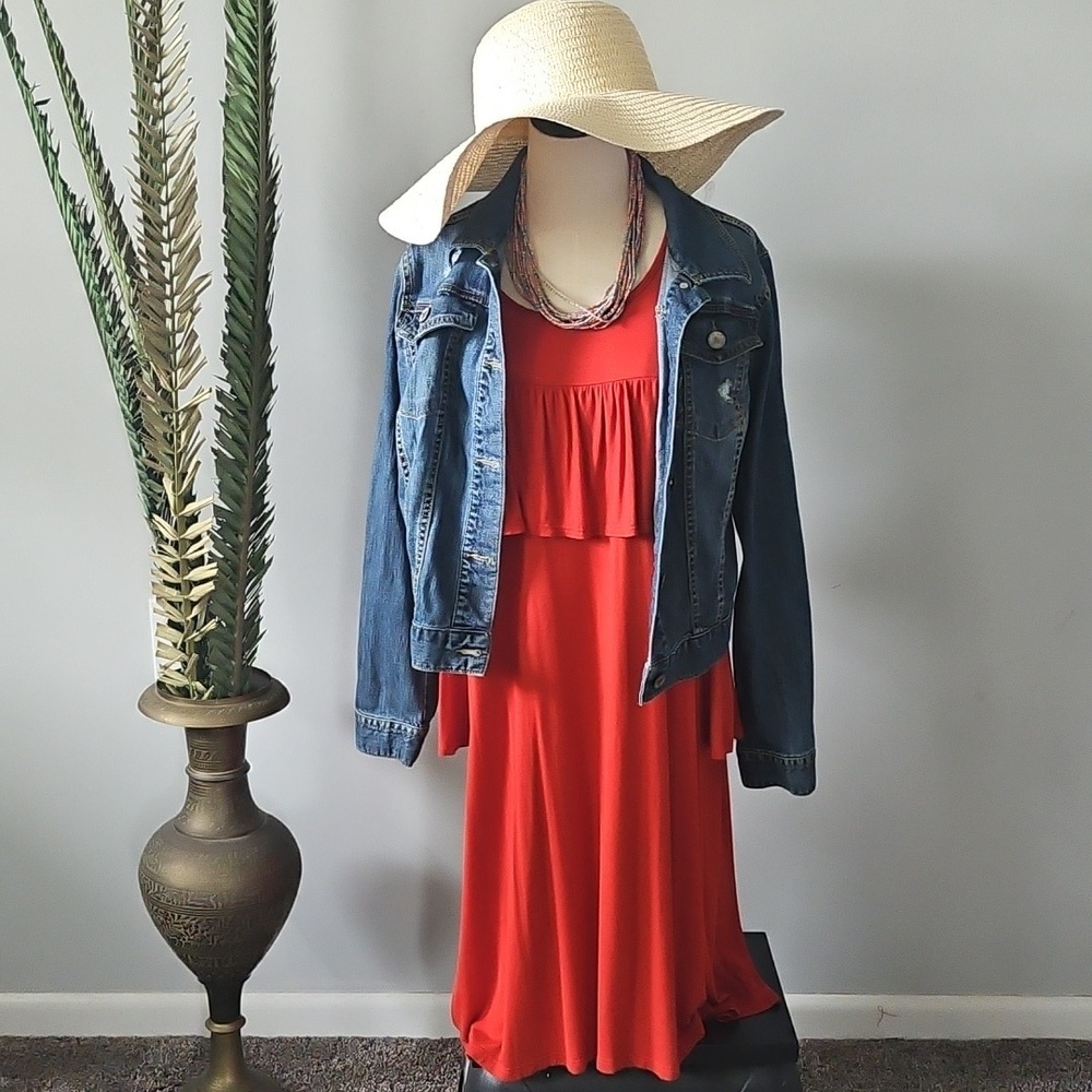 Watermelon Rust Color Cold Shoulder Dress with Ruffle - Picture 2 of 12